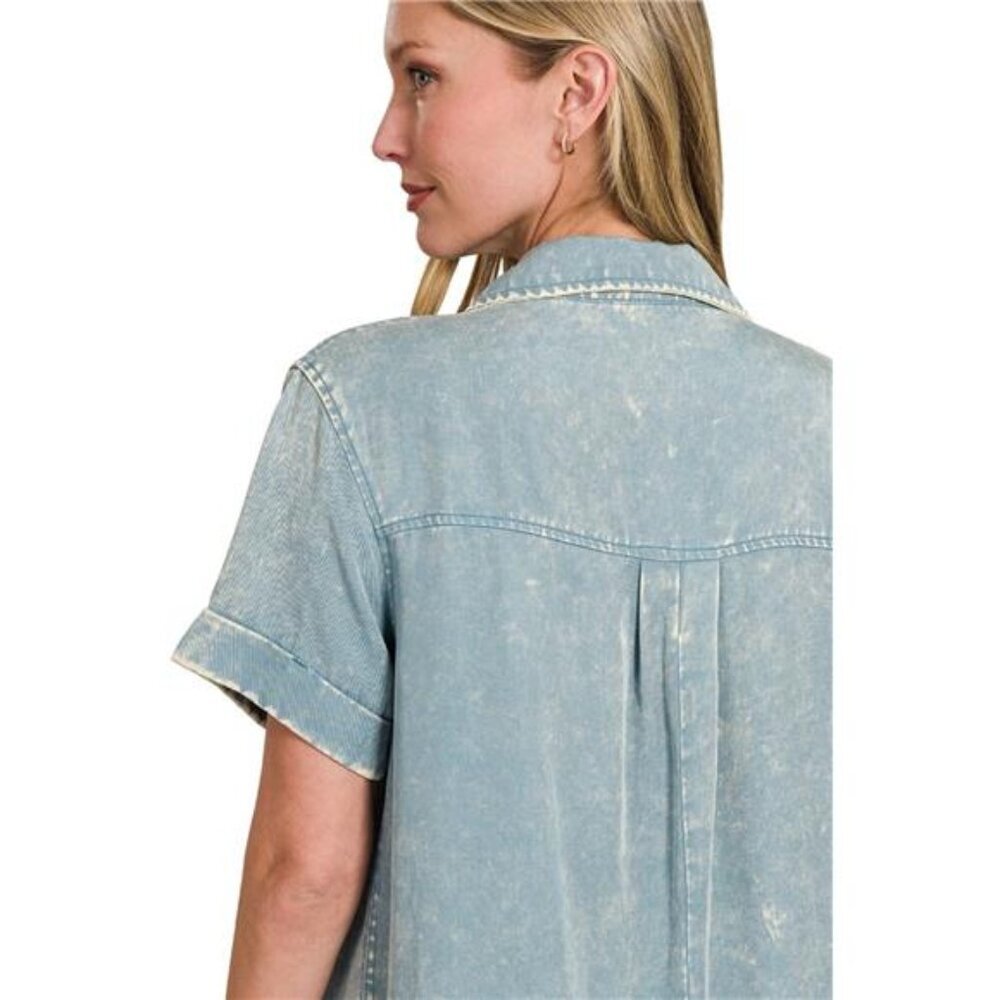 Zenana Tencel Mineral Washed Collared Shirts Dress - Picture 3 of 5